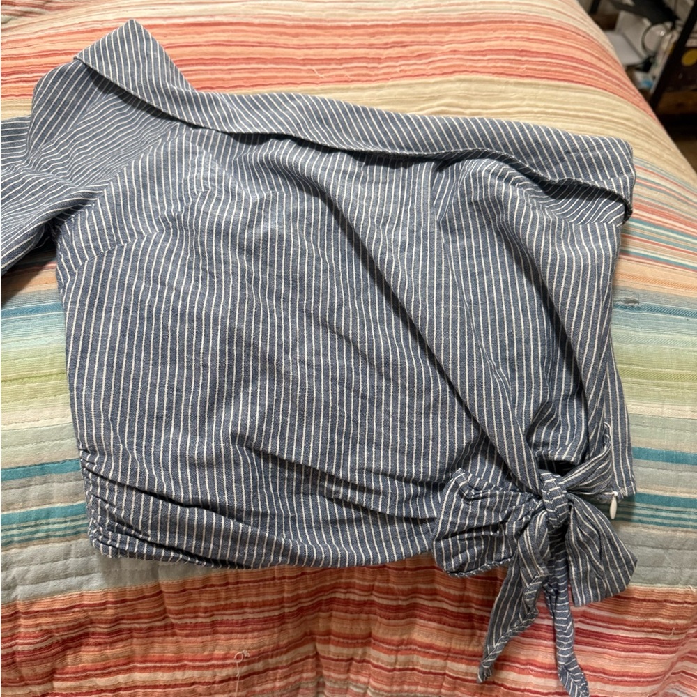 Free People Get Down Blue Pinstripe One-Shoulder Tie Waist Top - Picture 5 of 5
